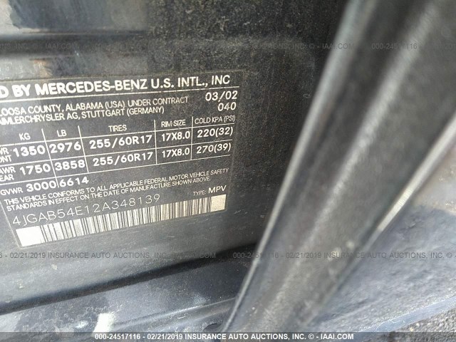 4JGAB54E12A348139 - 2002 MERCEDES-BENZ ML 320 BLACK photo 9