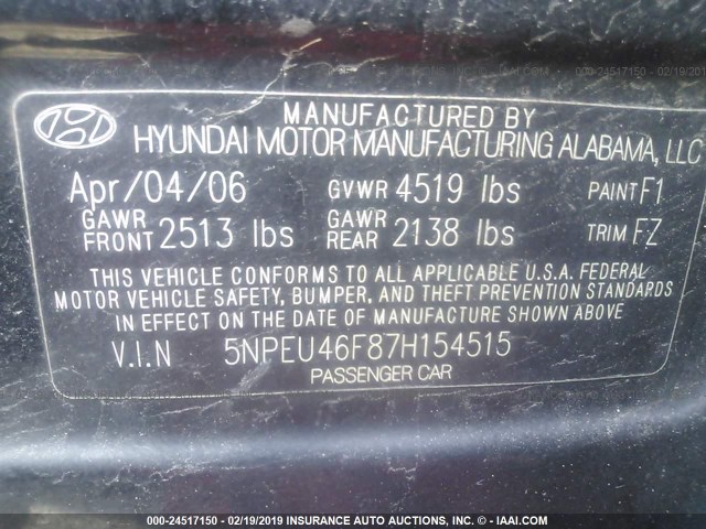 5NPEU46F87H154515 - 2007 HYUNDAI SONATA SE/LIMITED BLACK photo 9