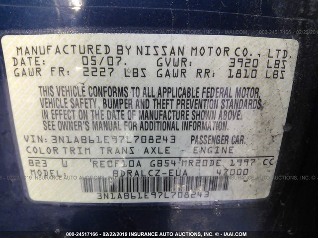 3N1AB61E97L708243 - 2007 NISSAN SENTRA 2.0/2.0S/2.0SL BLUE photo 9