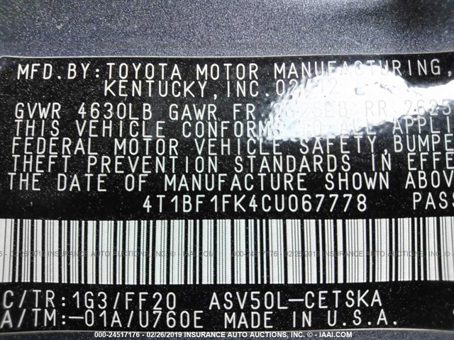 4T1BF1FK4CU067778 - 2012 TOYOTA CAMRY SE/LE/XLE GRAY photo 9