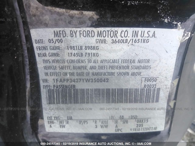 1FAFP3437YW350042 - 2000 FORD FOCUS SE/SE SPORT BLACK photo 9