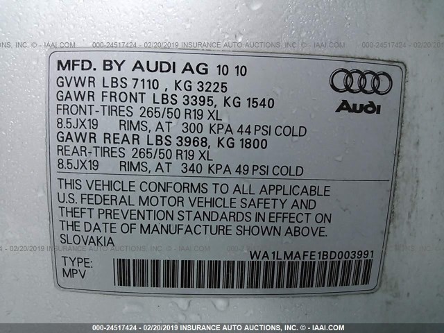 WA1LMAFE1BD003991 - 2011 AUDI Q7 PREMIUM PLUS SILVER photo 9