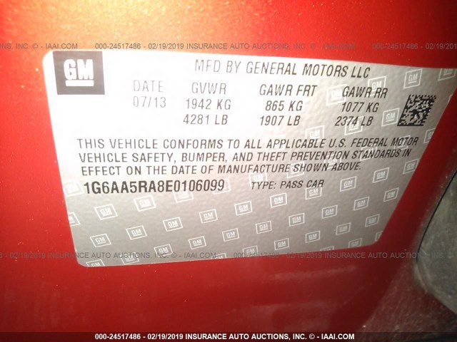 1G6AA5RA8E0106099 - 2014 CADILLAC ATS RED photo 9