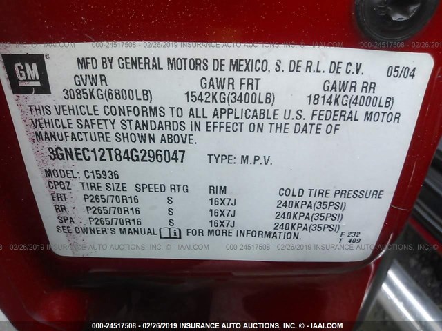 3GNEC12T84G296047 - 2004 CHEVROLET AVALANCHE C1500 RED photo 9