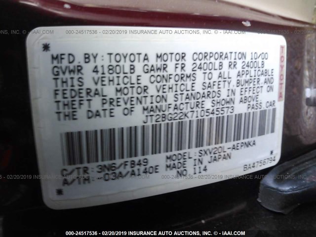 JT2BG22K710545573 - 2001 TOYOTA CAMRY CE/LE/XLE RED photo 9