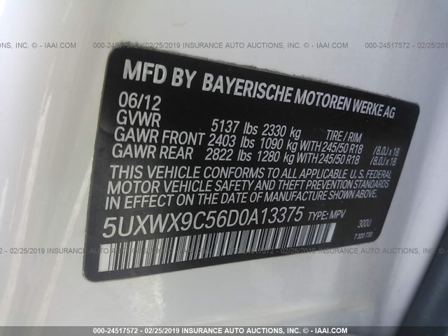 5UXWX9C56D0A13375 - 2013 BMW X3 XDRIVE28I WHITE photo 9