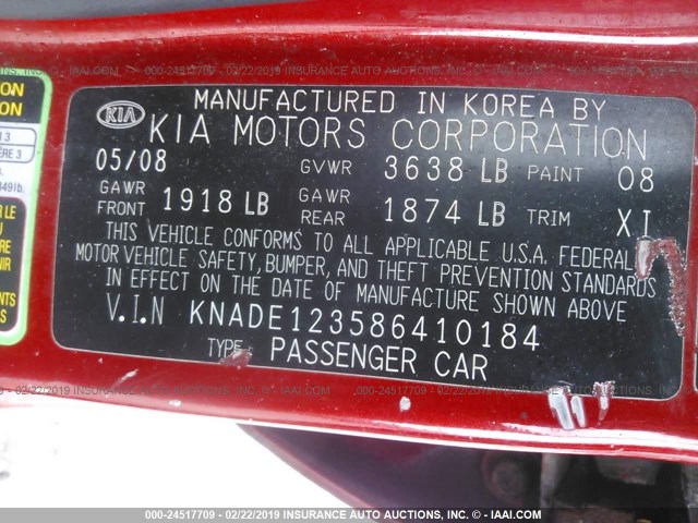 KNADE123586410184 - 2008 KIA RIO LX/SX RED photo 9