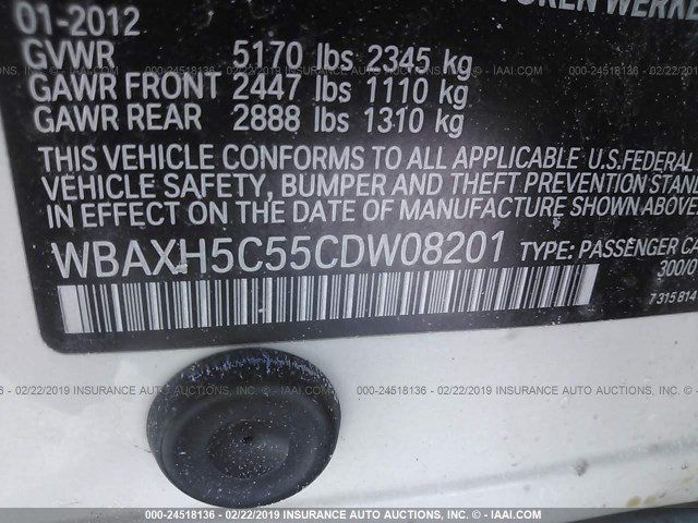 WBAXH5C55CDW08201 - 2012 BMW 528 XI WHITE photo 9