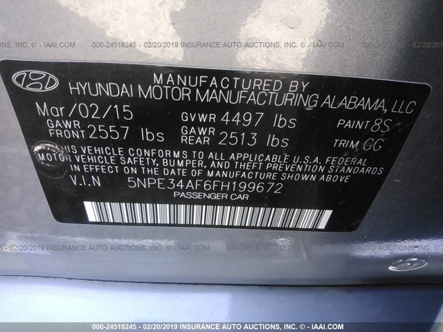 5NPE34AF6FH199672 - 2015 HYUNDAI SONATA SPORT/LIMITED GRAY photo 9