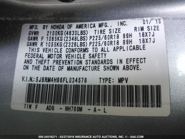 5J6RM4H96FL034578 - 2015 HONDA CR-V TOURING SILVER photo 9