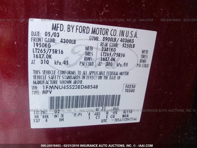 1FMNU45S23ED68548 - 2003 FORD EXCURSION EDDIE BAUER MAROON photo 9