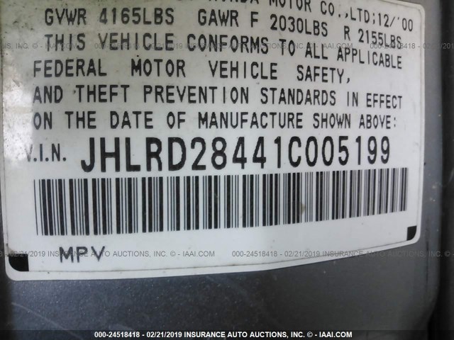 JHLRD28441C005199 - 2001 HONDA CR-V LX SILVER photo 9