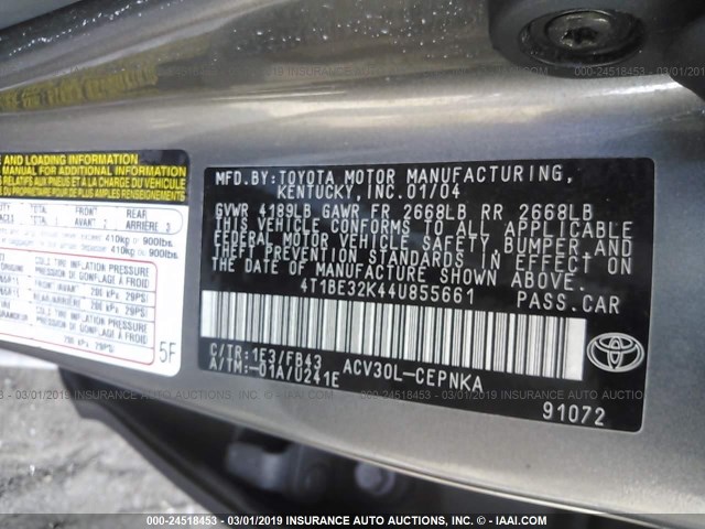 4T1BE32K44U855661 - 2004 TOYOTA CAMRY LE/XLE/SE GRAY photo 9