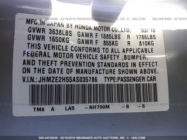 JHMZE2H55AS035786 - 2010 HONDA INSIGHT LX SILVER photo 9