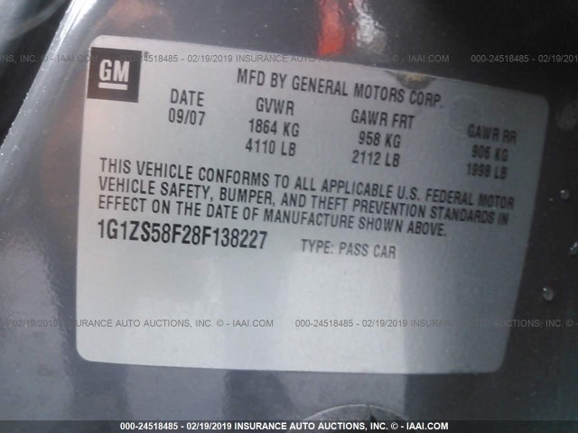 1G1ZS58F28F138227 - 2008 CHEVROLET MALIBU LS 灰色 照片 9