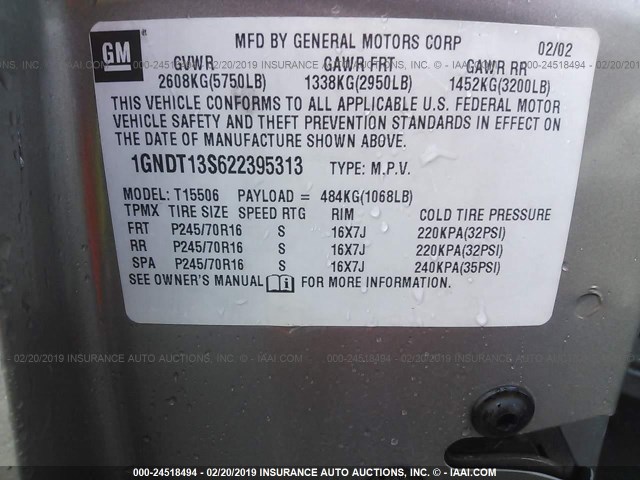 1GNDT13S622395313 - 2002 CHEVROLET TRAILBLAZER  SILVER photo 9