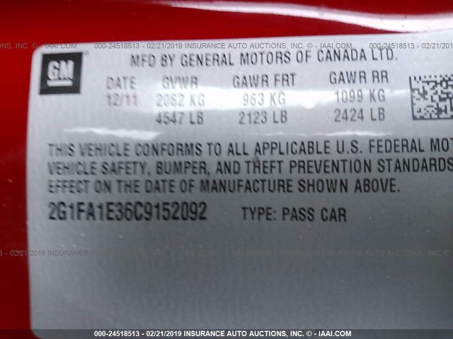 2G1FA1E36C9152092 - 2012 CHEVROLET CAMARO LS RED photo 9