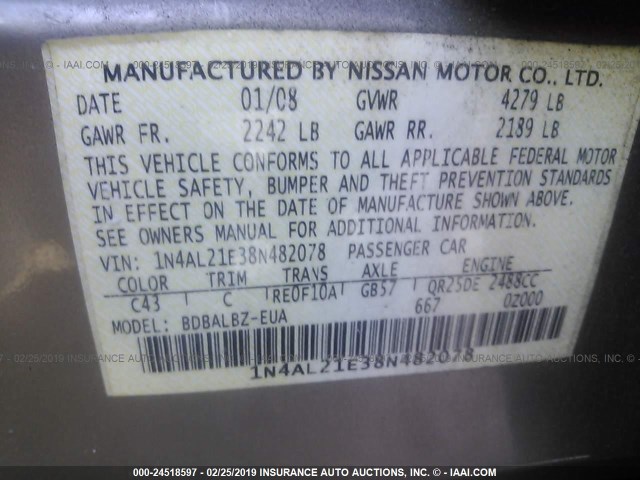 1N4AL21E38N482078 - 2008 NISSAN ALTIMA 2.5/2.5S GRAY photo 9