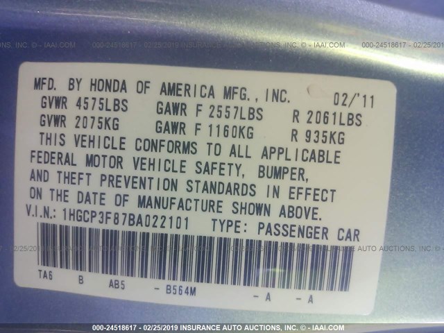 1HGCP3F87BA022101 - 2011 HONDA ACCORD EXL Light Blue photo 9