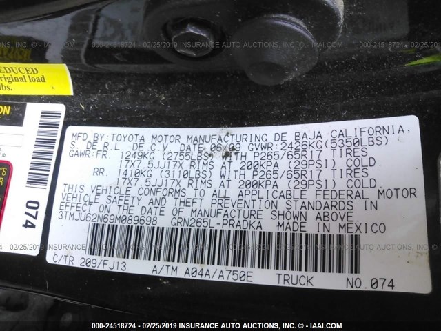 3TMJU62N69M089698 - 2009 TOYOTA TACOMA DOUBLE CAB PRERUNNER BLACK photo 9