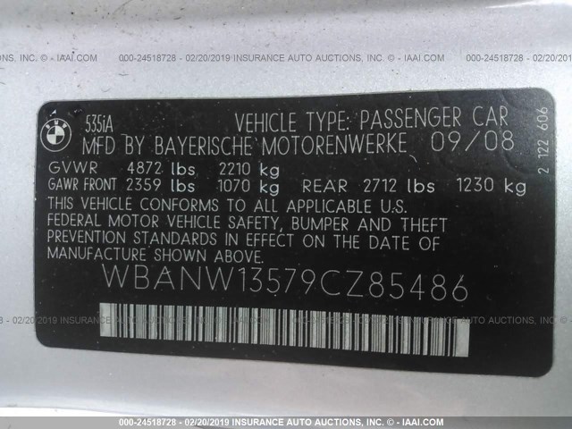 WBANW13579CZ85486 - 2009 BMW 535 I SILVER photo 9