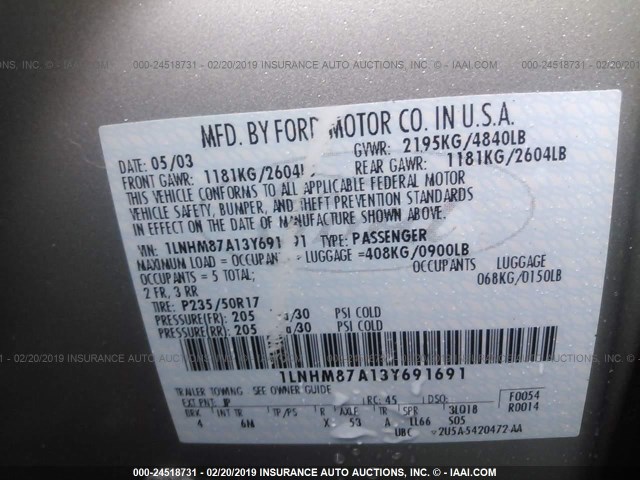 1LNHM87A13Y691691 - 2003 LINCOLN LS ვერცხლისფერი ფოტო 9