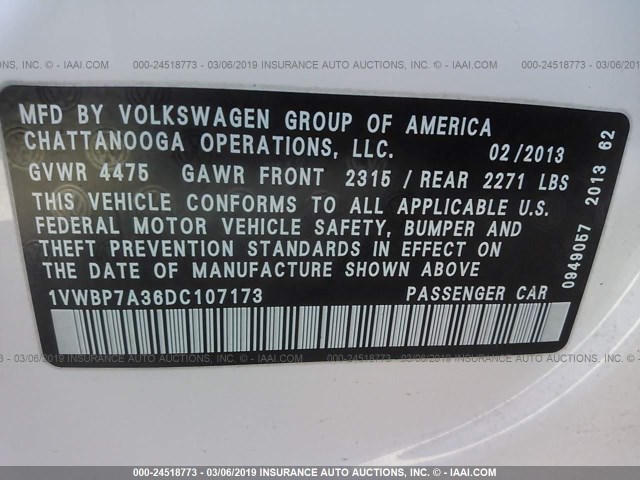 1VWBP7A36DC107173 - 2013 VOLKSWAGEN PASSAT SE WHITE photo 9