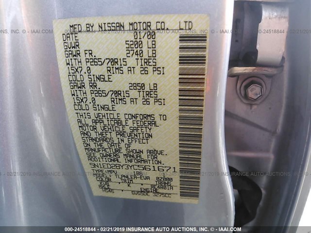 5N1ED28Y3YC561671 - 2000 NISSAN XTERRA XE/SE SILVER photo 9