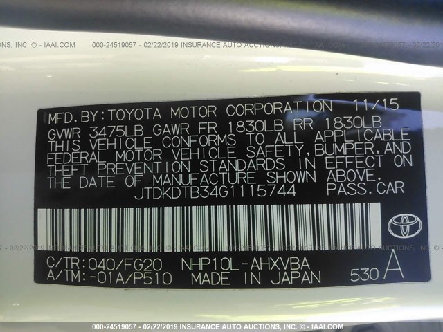 JTDKDTB34G1115744 - 2016 TOYOTA PRIUS C WHITE photo 9