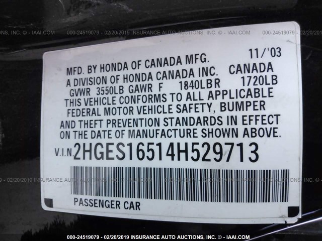 2HGES16514H529713 - 2004 HONDA CIVIC LX BLACK photo 9