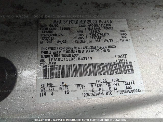 1FMRU15L83LA42919 - 2003 FORD EXPEDITION XLT GRAY photo 9