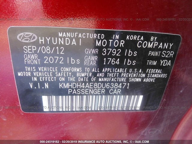 KMHDH4AE8DU638471 - 2013 HYUNDAI ELANTRA GLS/LIMITED RED photo 9