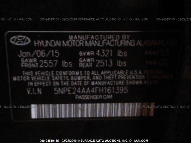 5NPE24AA4FH161395 - 2015 HYUNDAI SONATA ECO BLACK photo 9