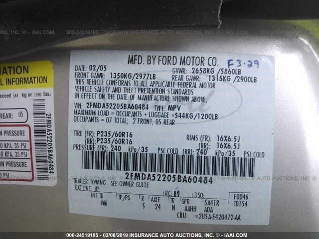 2FMDA52205BA60484 - 2005 FORD FREESTAR SEL SILVER photo 9