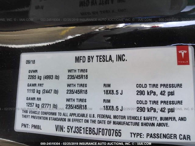 5YJ3E1EB6JF070765 - 2018 TESLA MODEL 3 BLACK photo 9