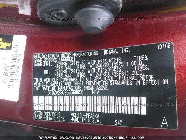 5TDZA23C26S560856 - 2006 TOYOTA SIENNA CE/LE RED photo 9