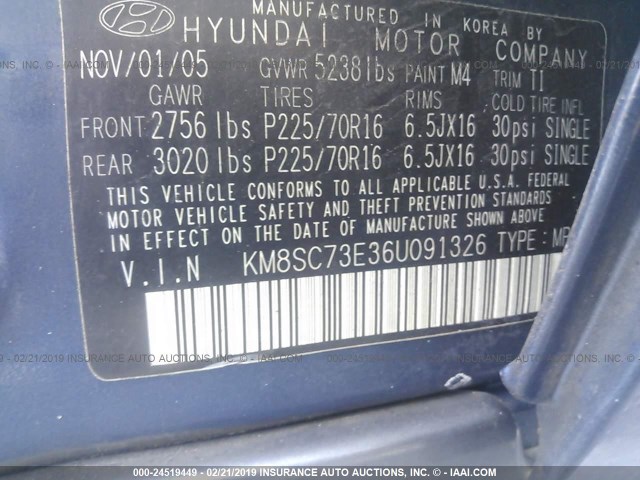 KM8SC73E36U091326 - 2006 HYUNDAI SANTA FE GLS/LIMITED BLUE photo 9