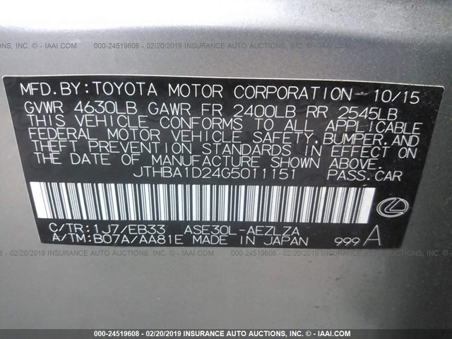 JTHBA1D24G5011151 - 2016 LEXUS IS 200T SILVER photo 9