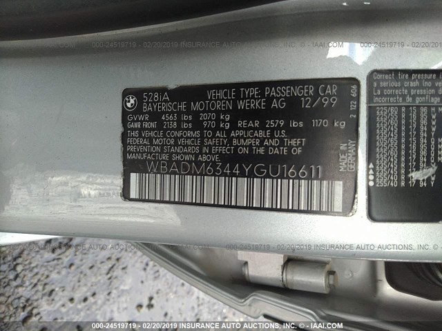WBADM6344YGU16611 - 2000 BMW 528 I AUTOMATIC SILVER photo 9