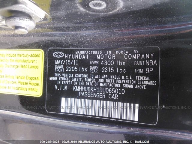 KMHHU6KH1BU065010 - 2011 HYUNDAI GENESIS COUPE 3.8L BLACK photo 9