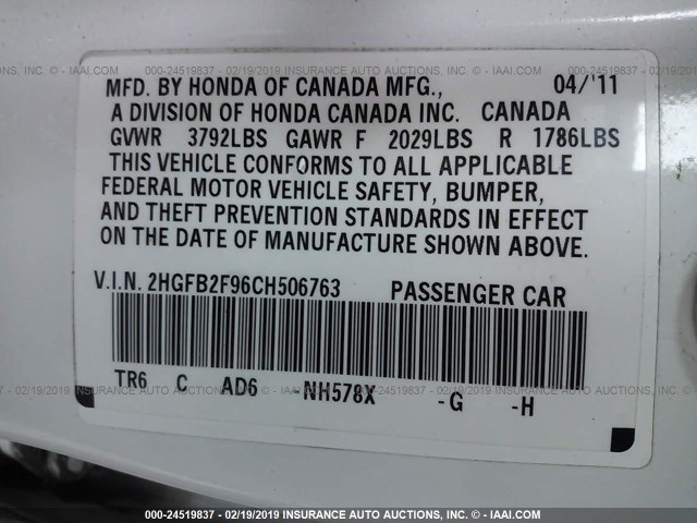 2HGFB2F96CH506763 - 2012 HONDA CIVIC EXL WHITE photo 9