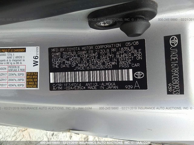 JTKDE167890280933 - 2009 TOYOTA SCION TC SILVER photo 9