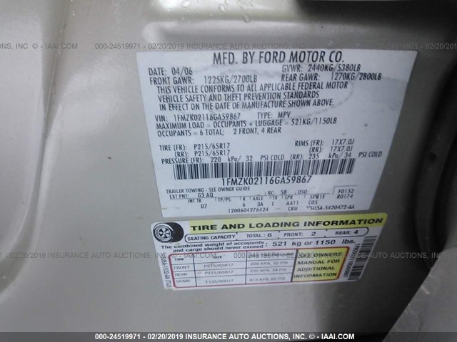 1FMZK02116GA59867 - 2006 FORD FREESTYLE SEL GOLD photo 9