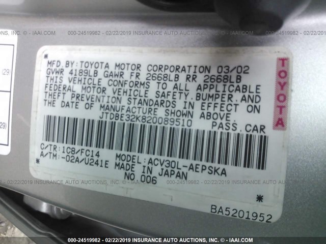 JTDBE32K820089510 - 2002 TOYOTA CAMRY LE/XLE/SE SILVER photo 9