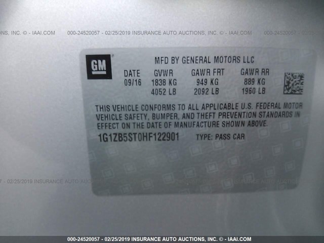 1G1ZB5ST0HF122901 - 2017 CHEVROLET MALIBU LS SILVER photo 9