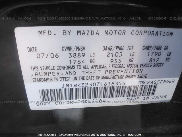 JM1BK323071618354 - 2007 MAZDA 3 S BLACK photo 9