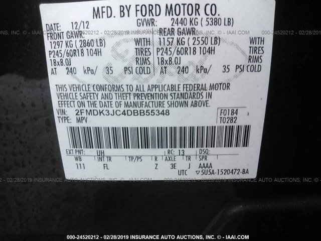 2FMDK3JC4DBB55348 - 2013 FORD EDGE SEL BLACK photo 9