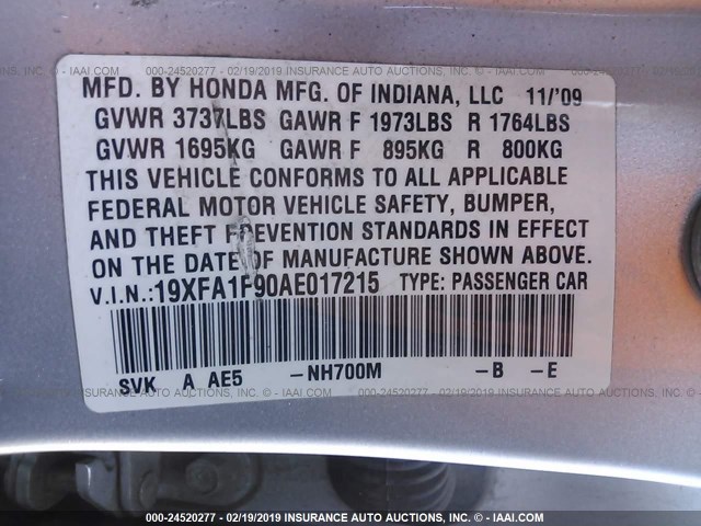 19XFA1F90AE017215 - 2010 HONDA CIVIC EXL SILVER photo 9