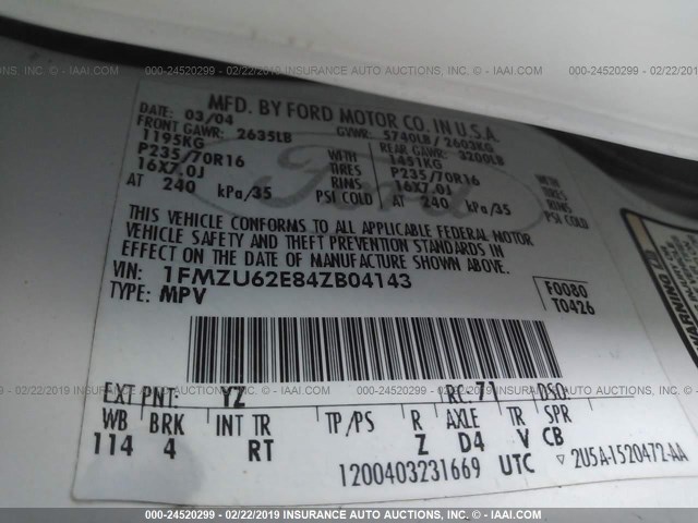 1FMZU62E84ZB04143 - 2004 FORD EXPLORER XLS/XLS SPORT 白色 照片 9