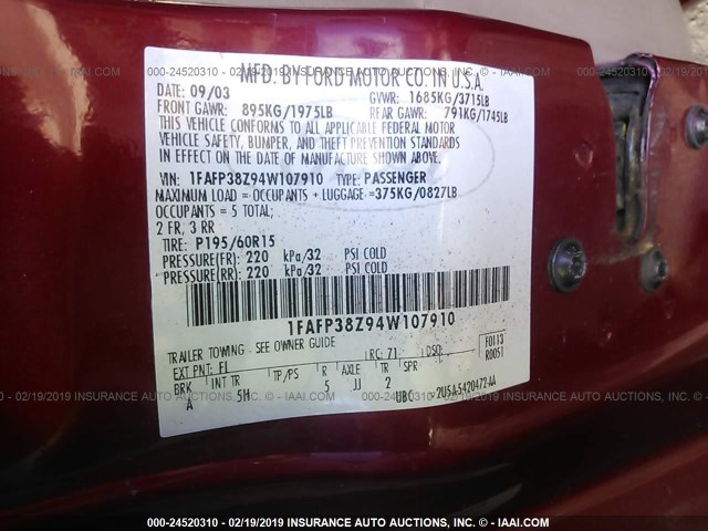 1FAFP38Z94W107910 - 2004 FORD FOCUS ZTS RED photo 9